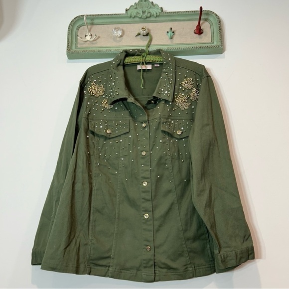 Vintage Quacker Factory army green pearl studded button down shirt jacket sz 2X - Picture 9 of 9